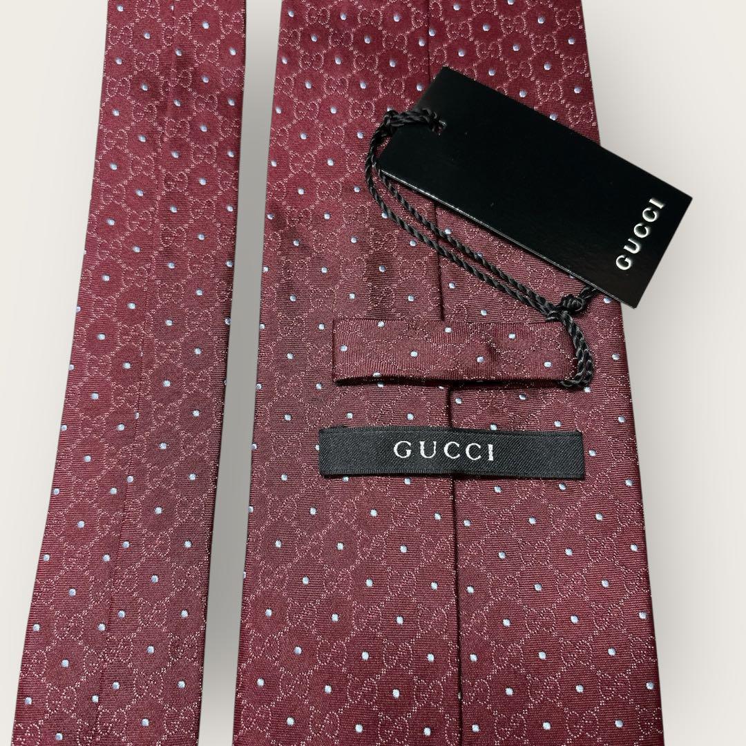 新品 GUCCI 高級シルク ネクタイ GG柄 ドット ボルドー タグ付