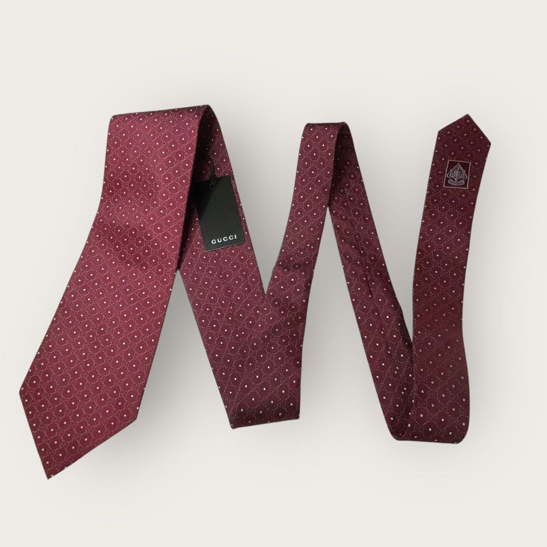 新品 GUCCI 高級シルク ネクタイ GG柄 ドット ボルドー タグ付