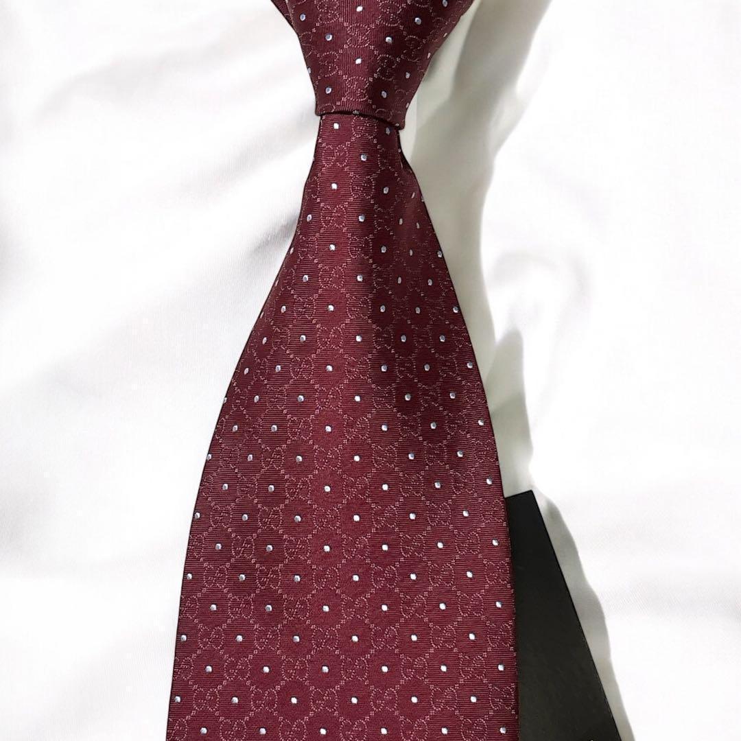 新品 GUCCI 高級シルク ネクタイ GG柄 ドット ボルドー タグ付