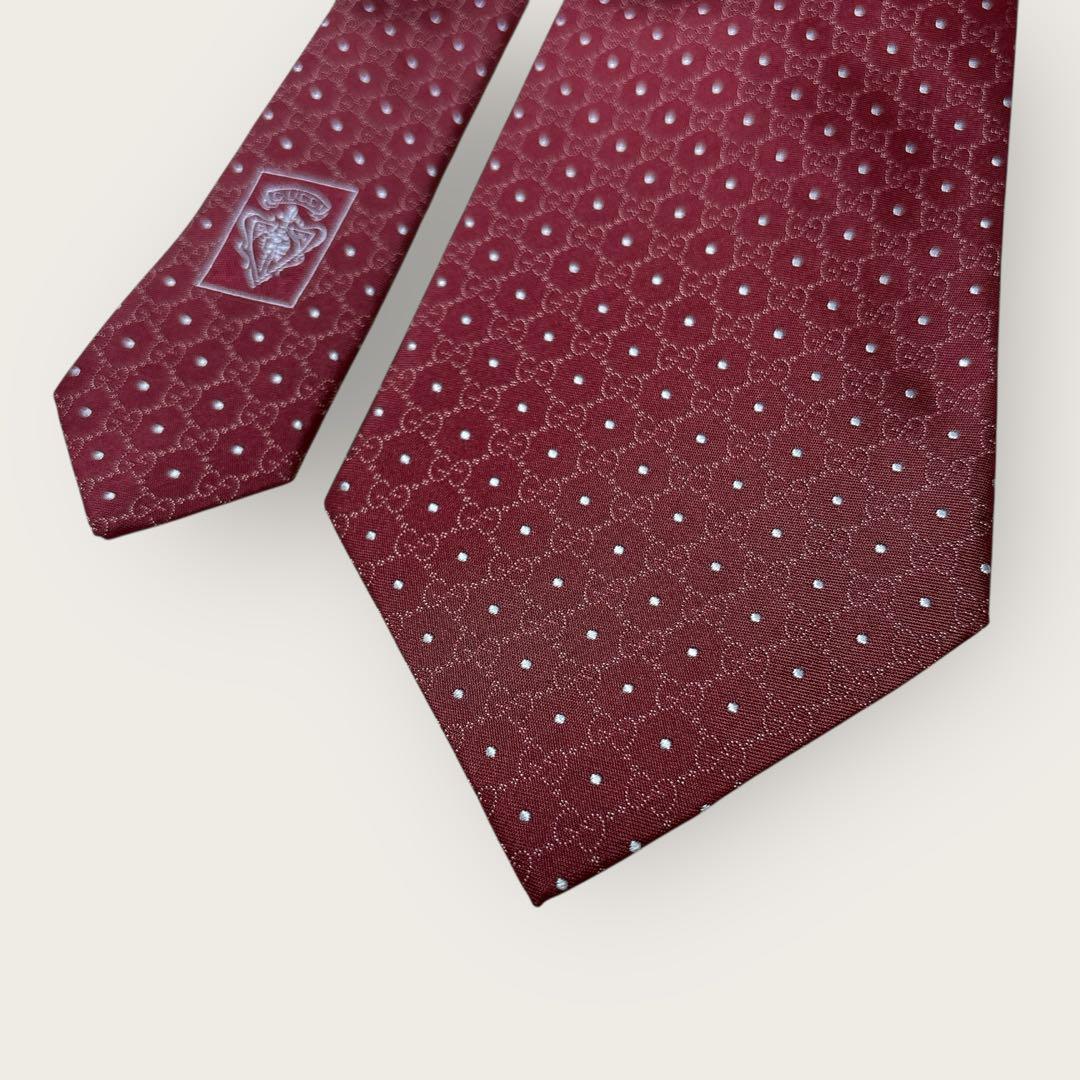 新品 GUCCI 高級シルク ネクタイ GG柄 ドット ボルドー タグ付