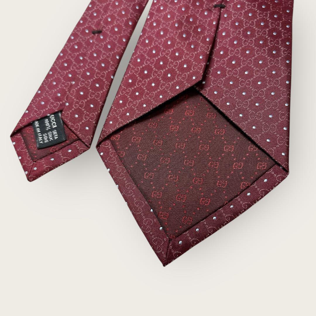 新品 GUCCI 高級シルク ネクタイ GG柄 ドット ボルドー タグ付