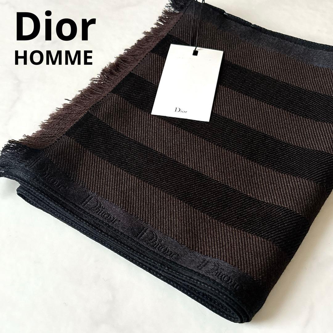 未使用 ディオールオム シルク混 マフラー Diorロゴライン ストライプ
