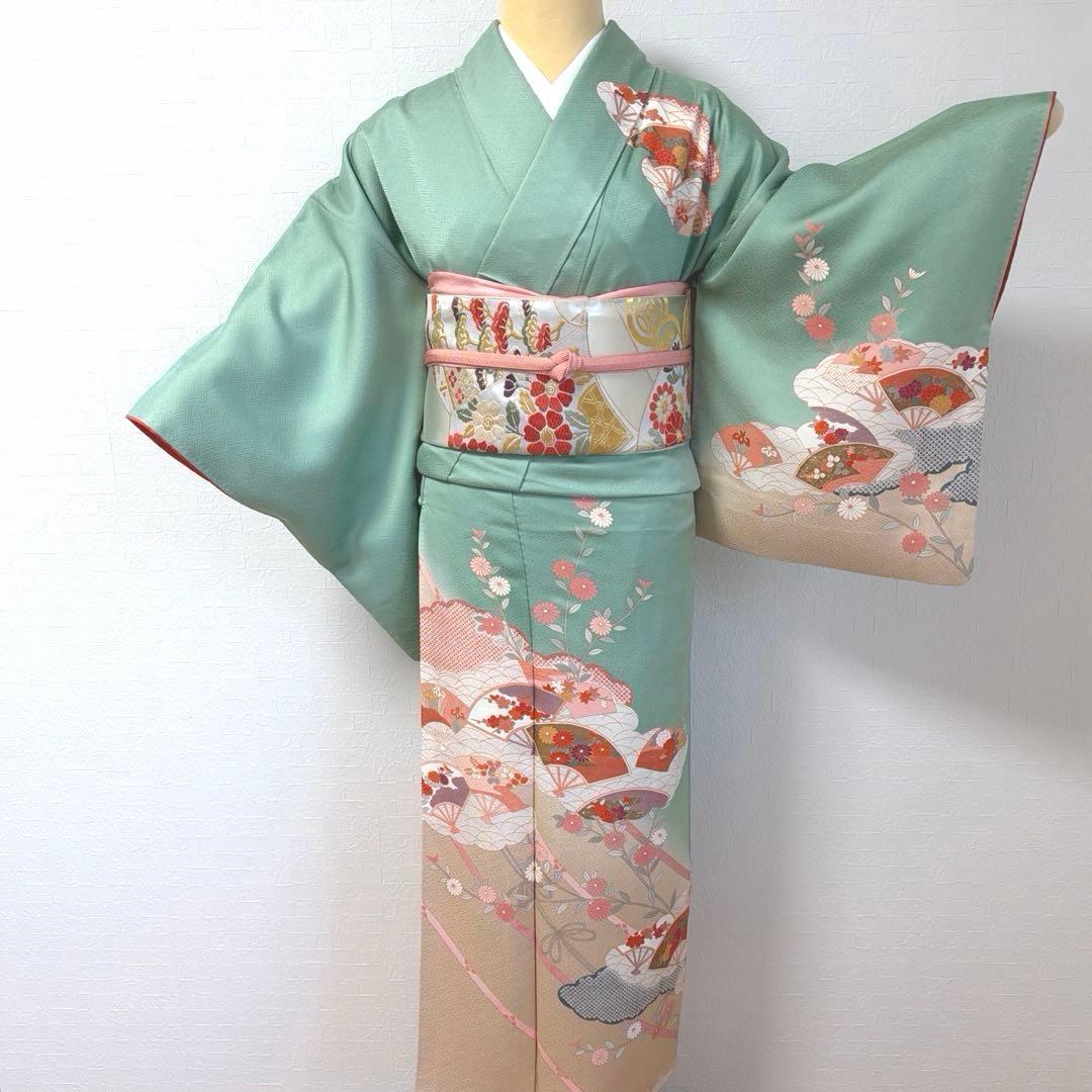 492 訪問着フルセット 正絹 ミントグリーン 淡緑 金彩 暈し染め フォーマル