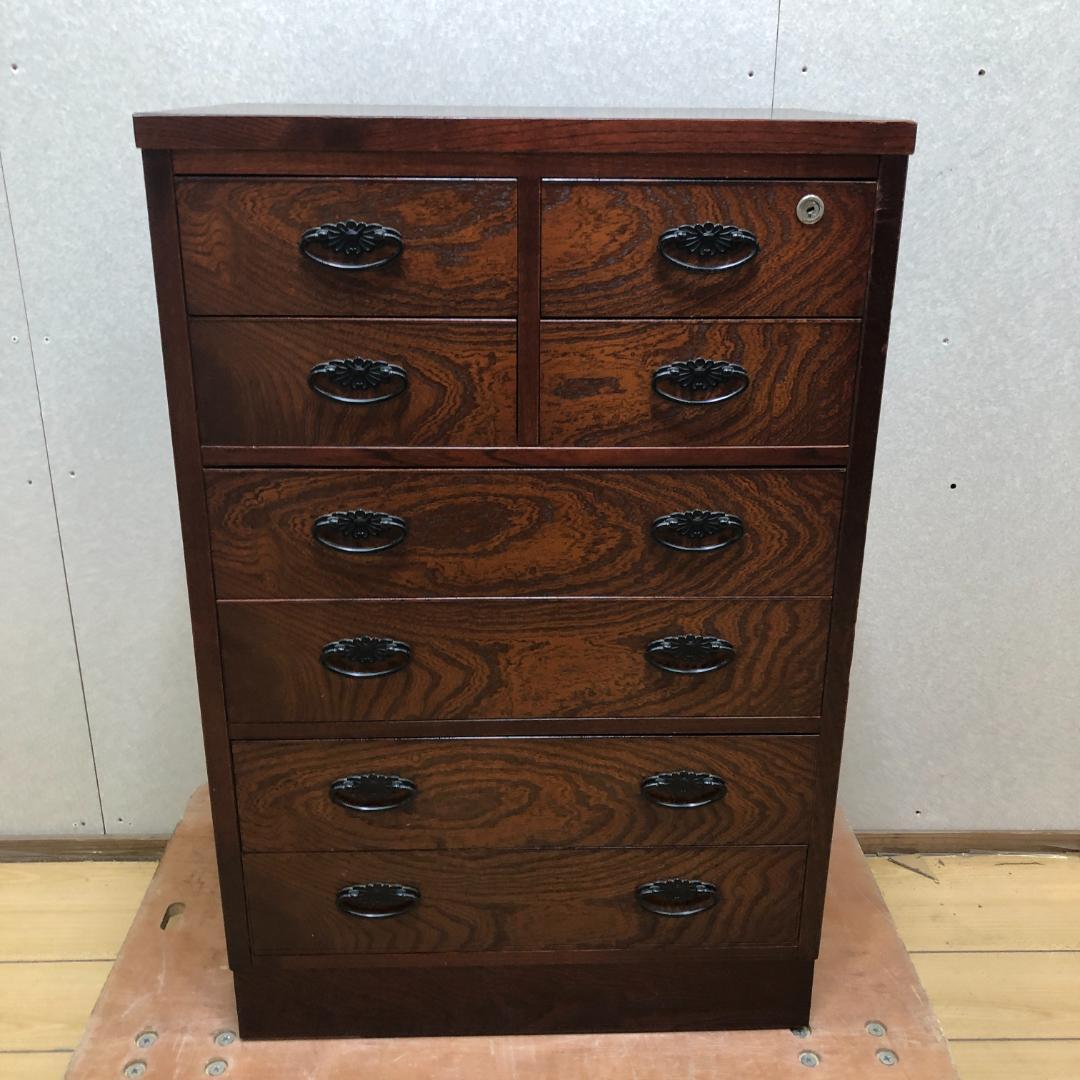 送料無料 和風民芸調 整理タンス 鍵付きチェスト 天然木 木目 250720-