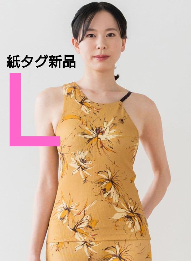 【紙タグ付】SUKALA リブBigフラワープリント タンクトップ　ゴールド　Ｌ