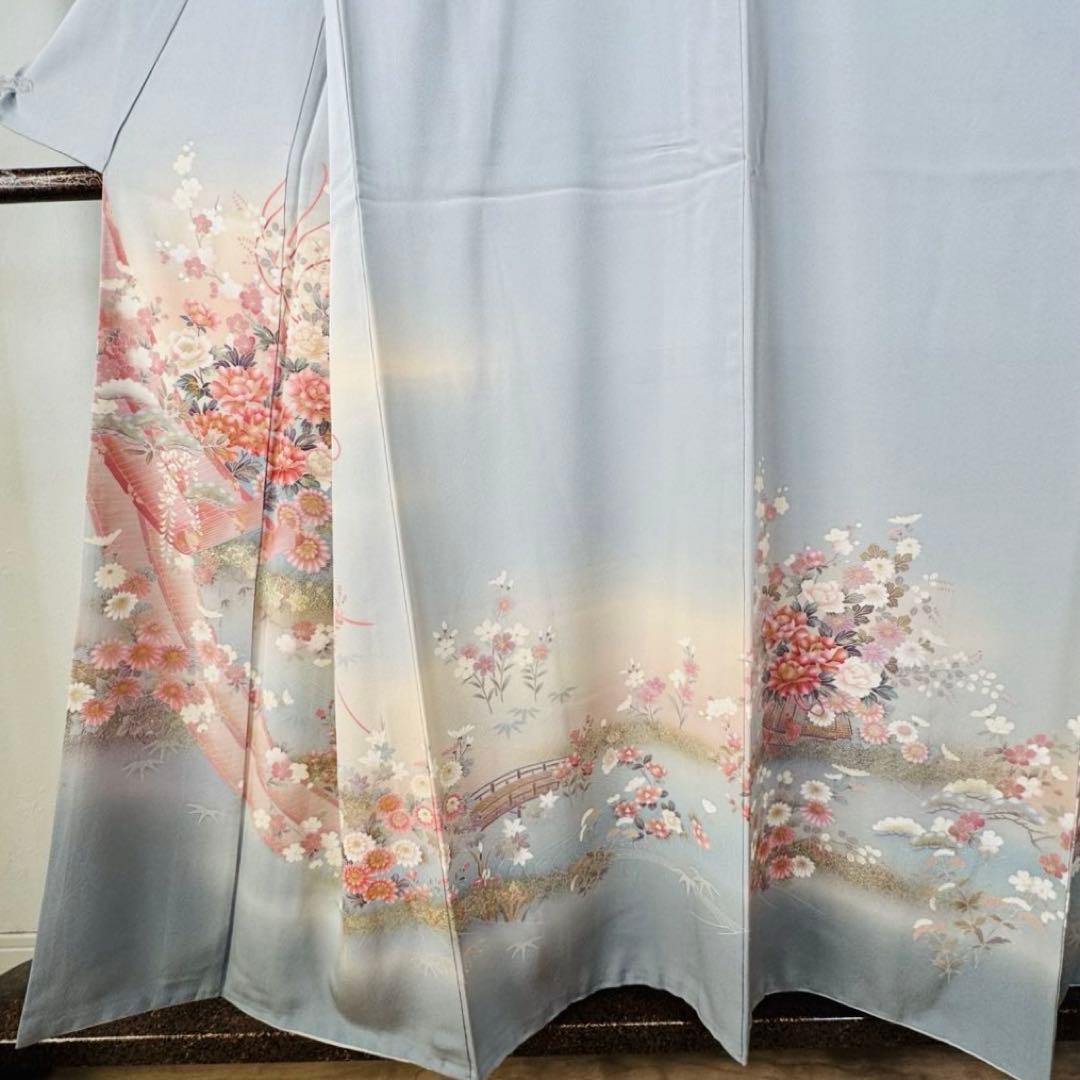 超美品　正絹　袷　広襟　訪問着　付け下げ　着物　162裄61.5　水色　作家物