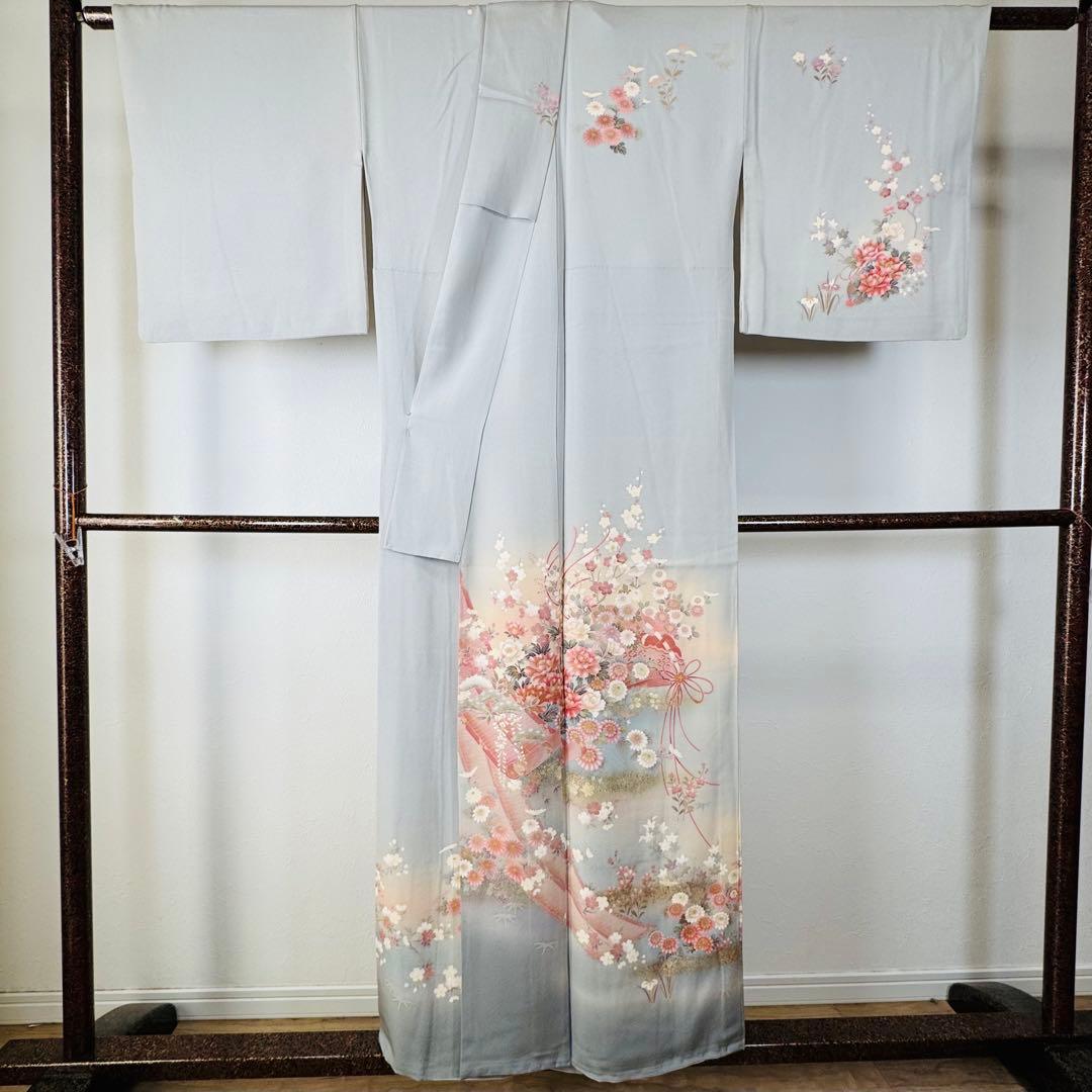 超美品　正絹　袷　広襟　訪問着　付け下げ　着物　162裄61.5　水色　作家物