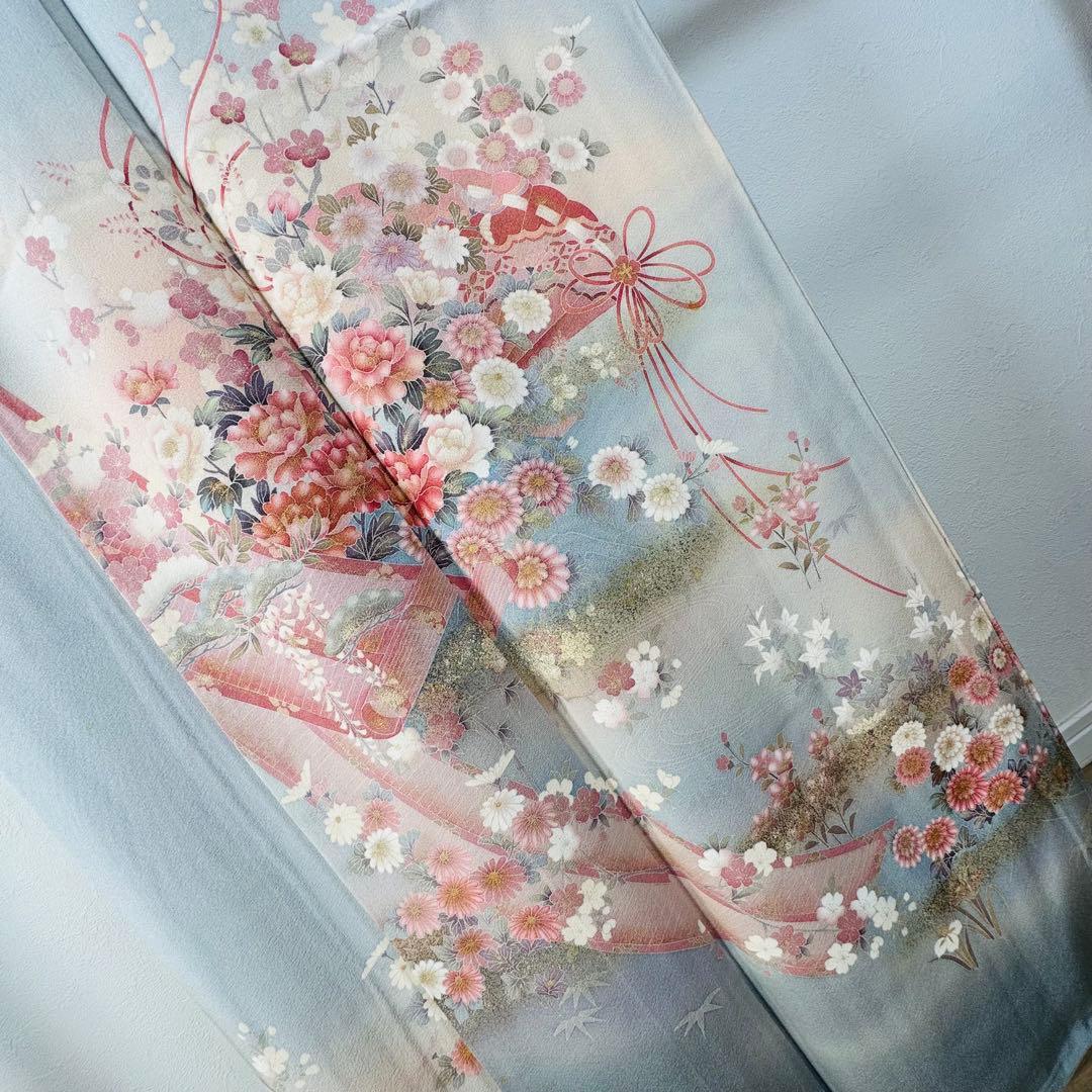 超美品　正絹　袷　広襟　訪問着　付け下げ　着物　162裄61.5　水色　作家物