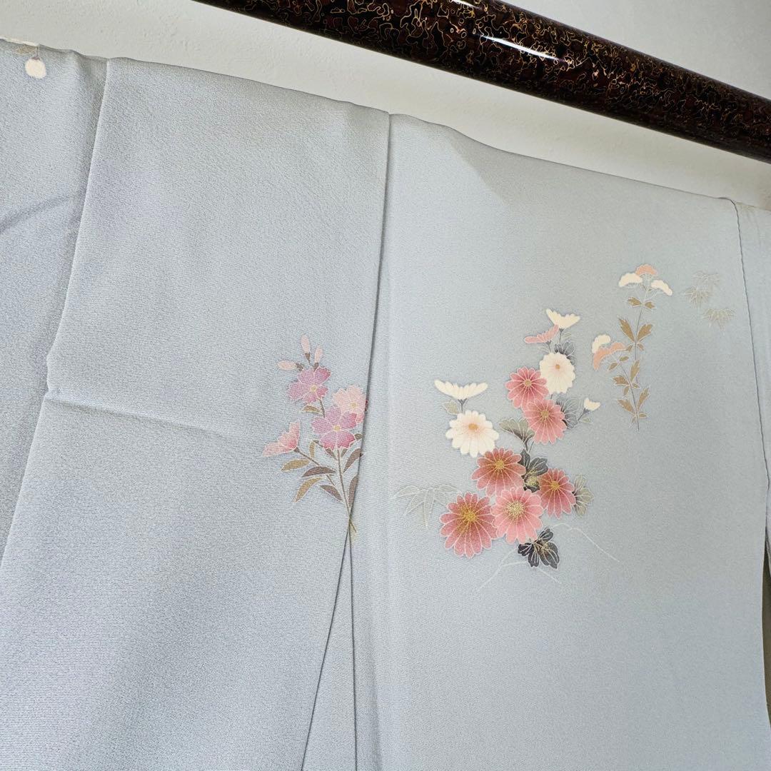 超美品　正絹　袷　広襟　訪問着　付け下げ　着物　162裄61.5　水色　作家物