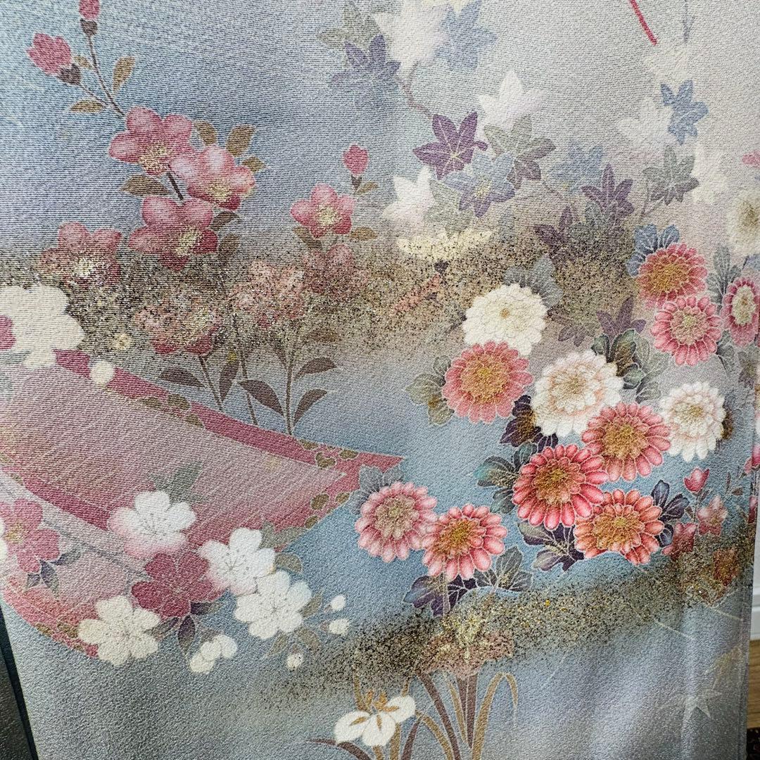 超美品　正絹　袷　広襟　訪問着　付け下げ　着物　162裄61.5　水色　作家物