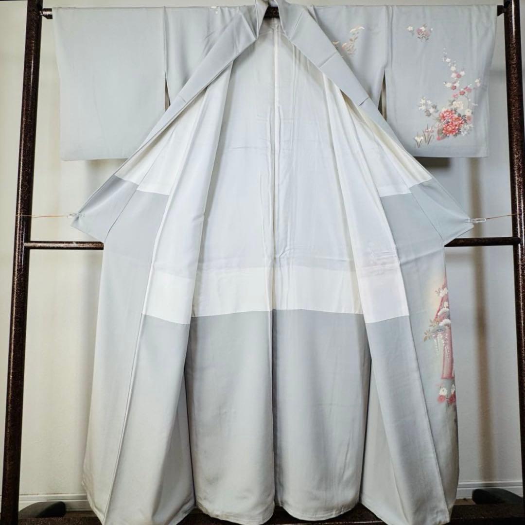 超美品　正絹　袷　広襟　訪問着　付け下げ　着物　162裄61.5　水色　作家物