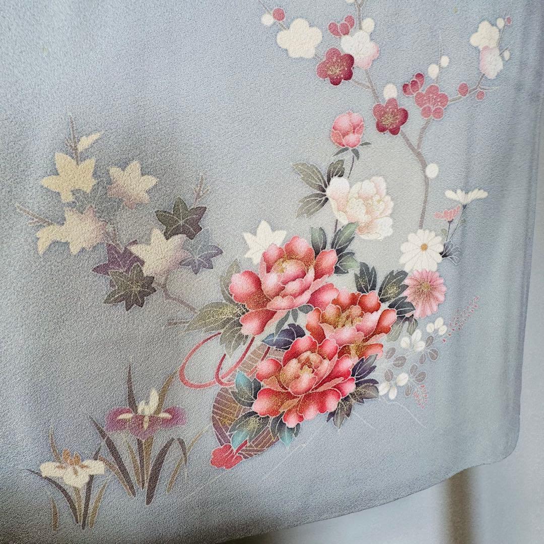 超美品　正絹　袷　広襟　訪問着　付け下げ　着物　162裄61.5　水色　作家物