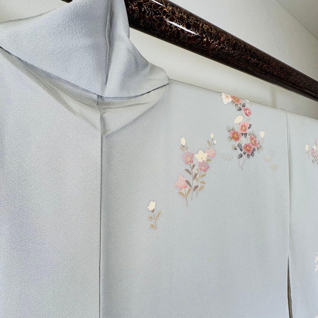 超美品　正絹　袷　広襟　訪問着　付け下げ　着物　162裄61.5　水色　作家物