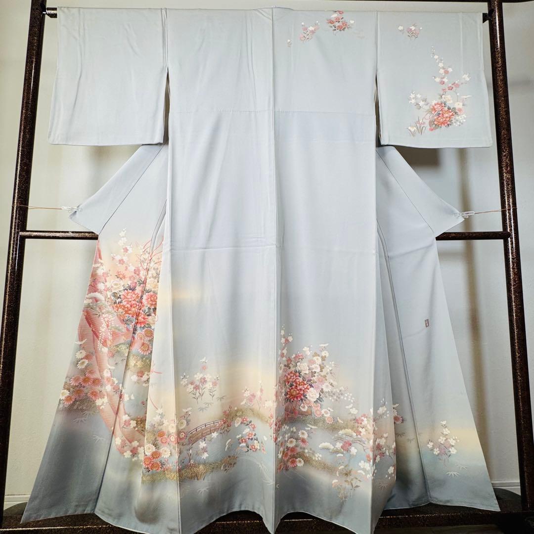 超美品　正絹　袷　広襟　訪問着　付け下げ　着物　162裄61.5　水色　作家物