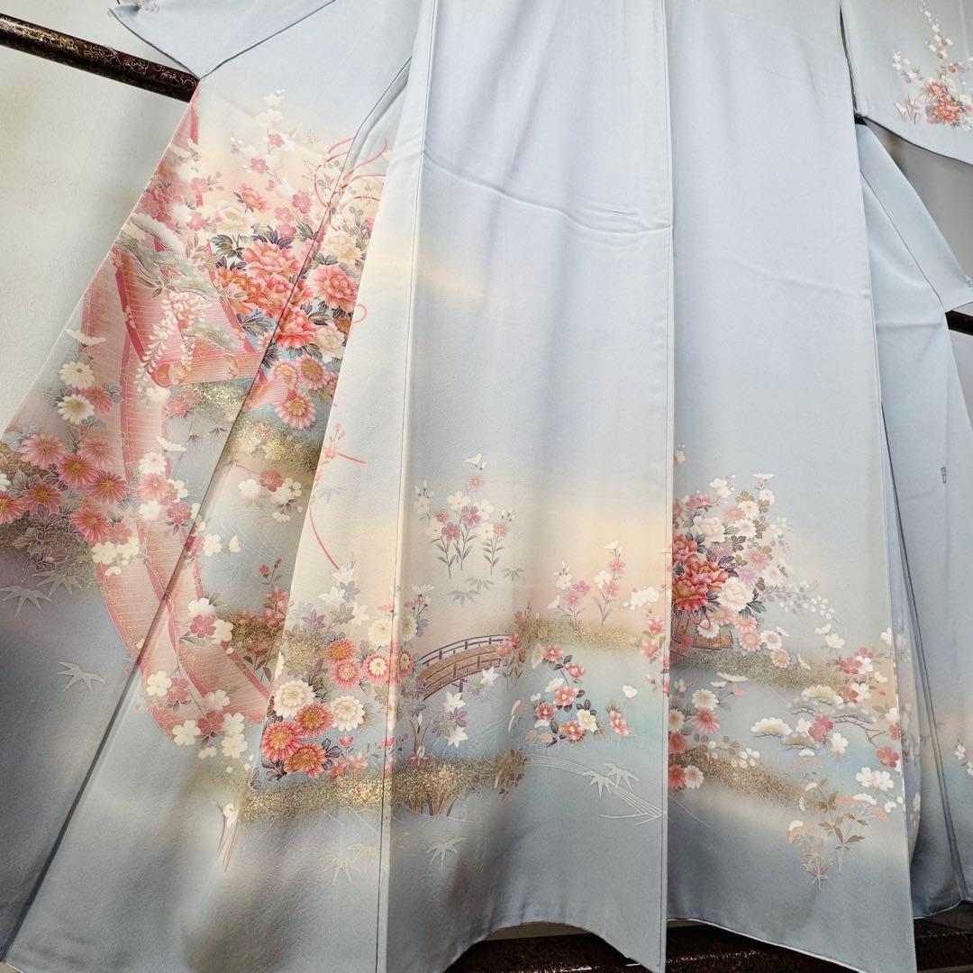 超美品　正絹　袷　広襟　訪問着　付け下げ　着物　162裄61.5　水色　作家物