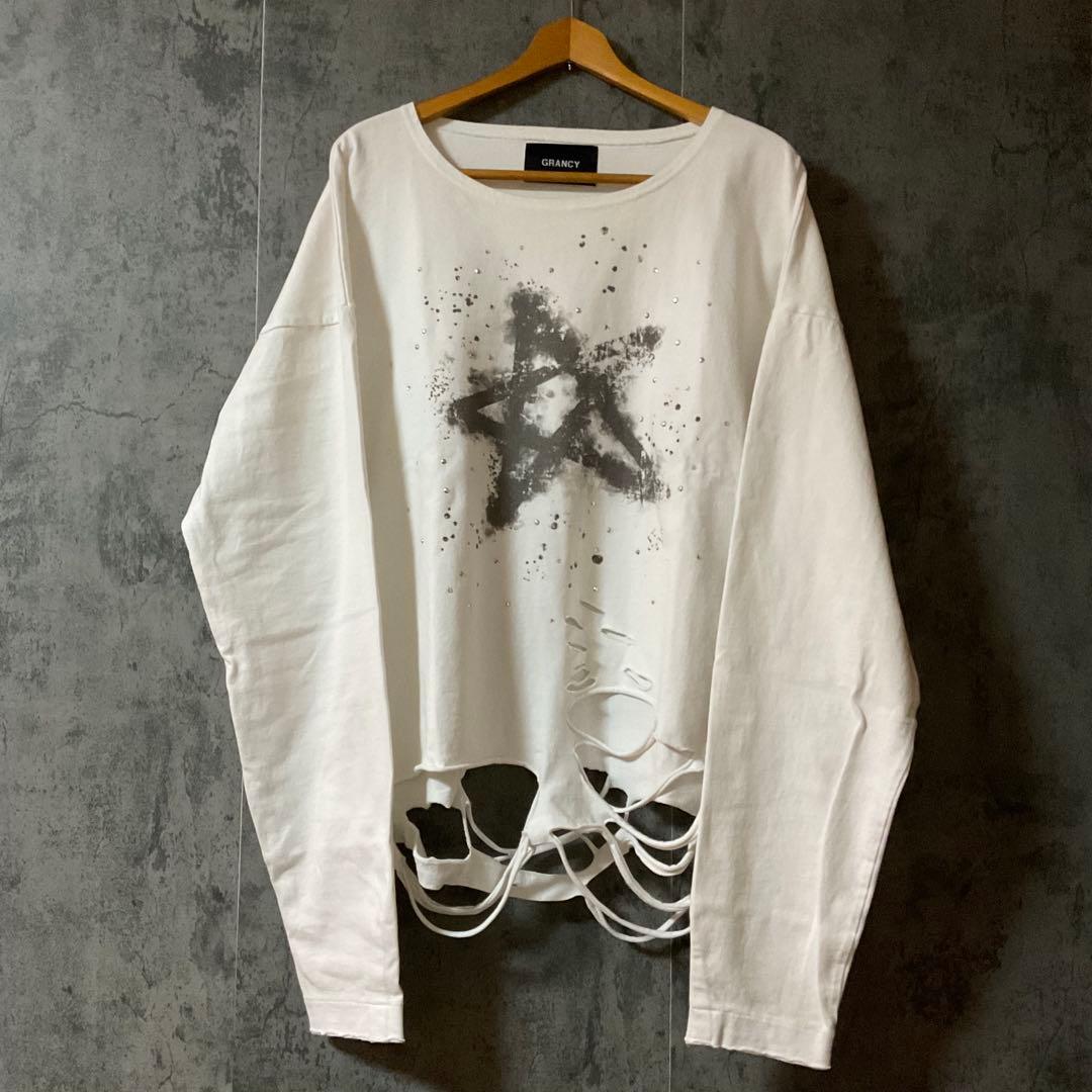 【GRANCY】 ラインストーンデザイングラフィックダメージロンT Mサイズ