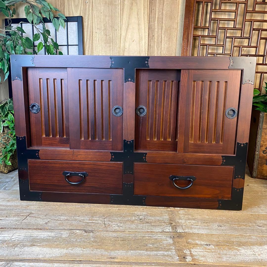 民芸家具木製桐材天然無垢和水屋タンス L和室和風インテリア収納和箪笥飾り棚木製