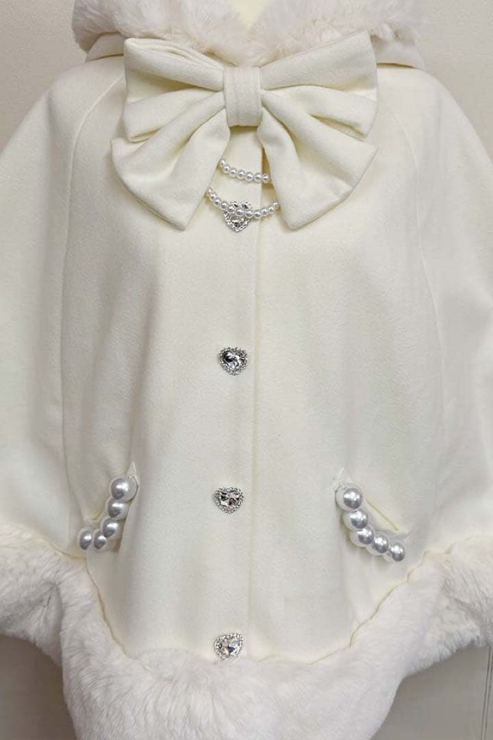 PrincessMelodyリボン付きボリュームファーフードケープコートホワイト