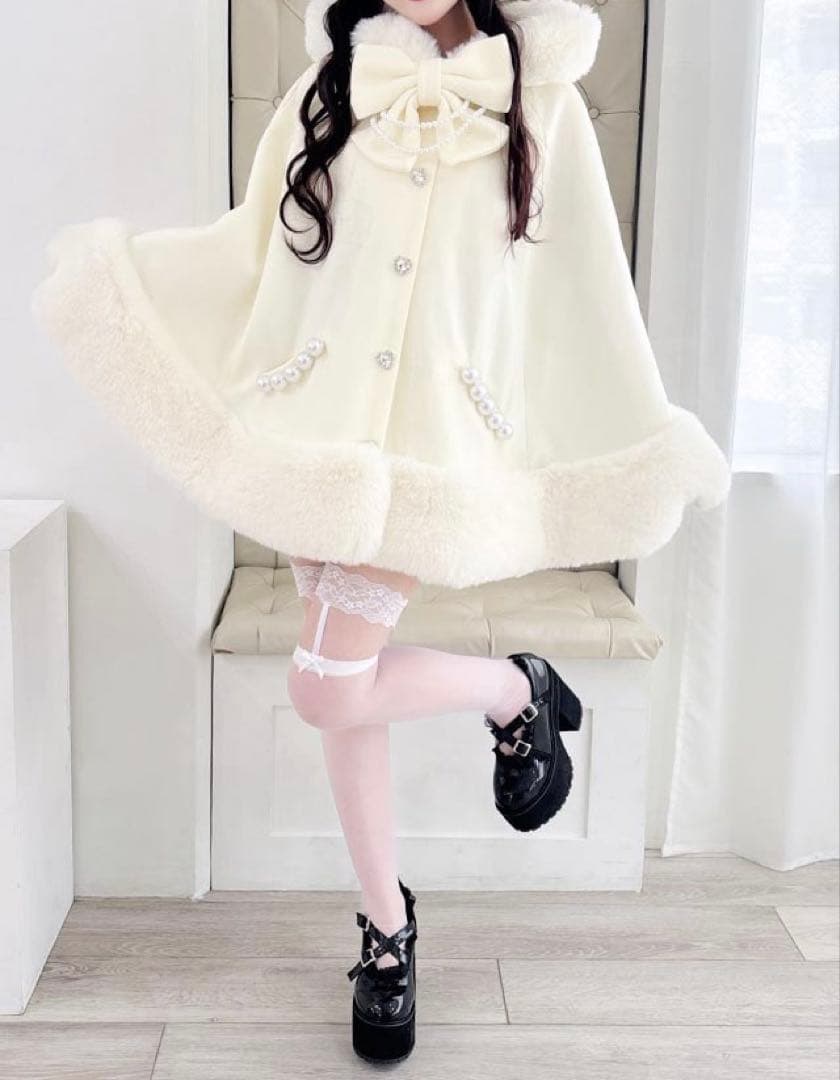 PrincessMelodyリボン付きボリュームファーフードケープコートホワイト