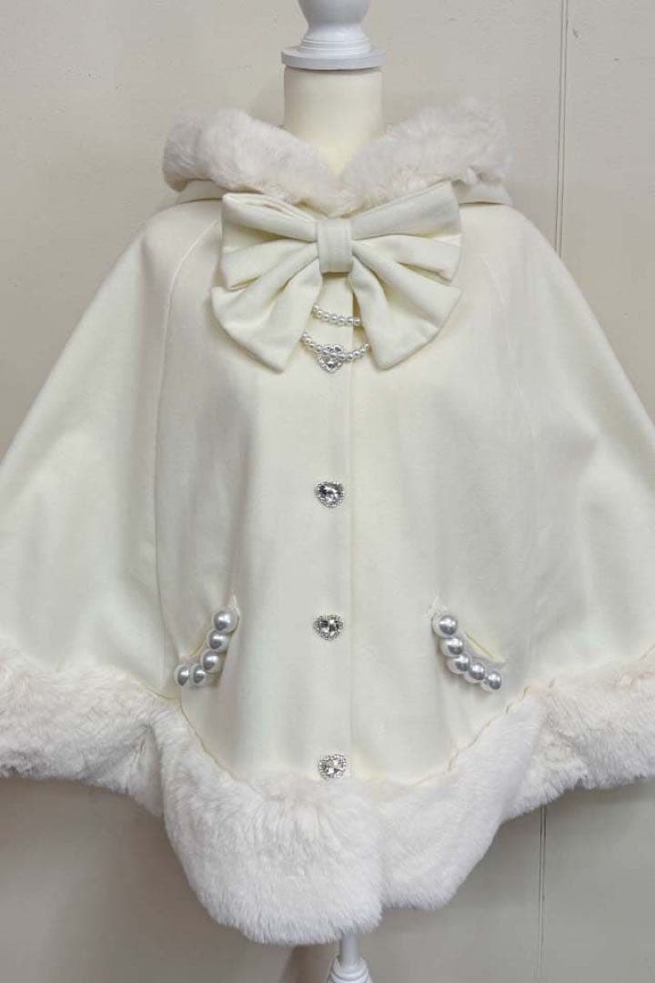 PrincessMelodyリボン付きボリュームファーフードケープコートホワイト