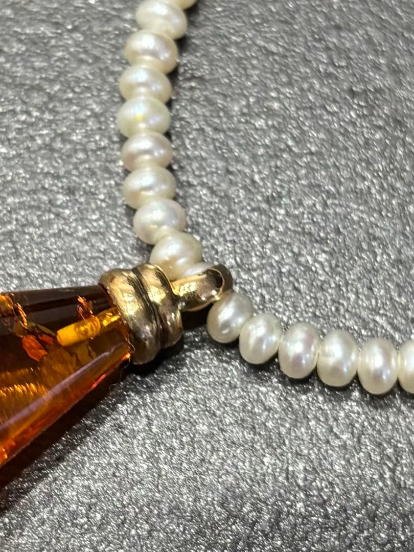淡水パール ネックレス 琥珀 アンバー ペンダントトップ K18