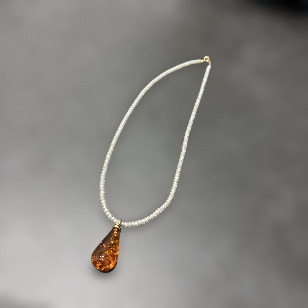 淡水パール ネックレス 琥珀 アンバー ペンダントトップ K18