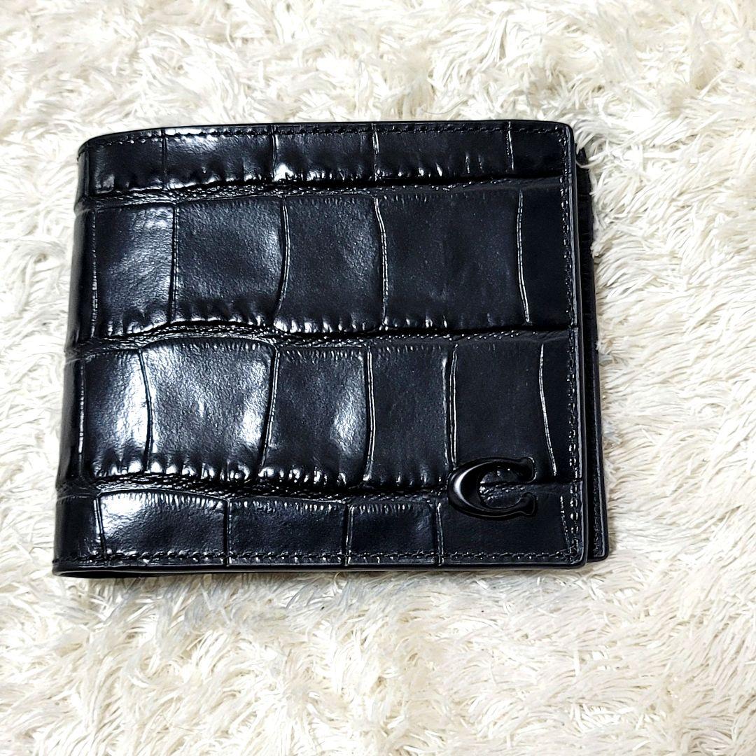未使用 コーチ クロコ型押し レザー 3-IN-1財布 カードケース ブラック