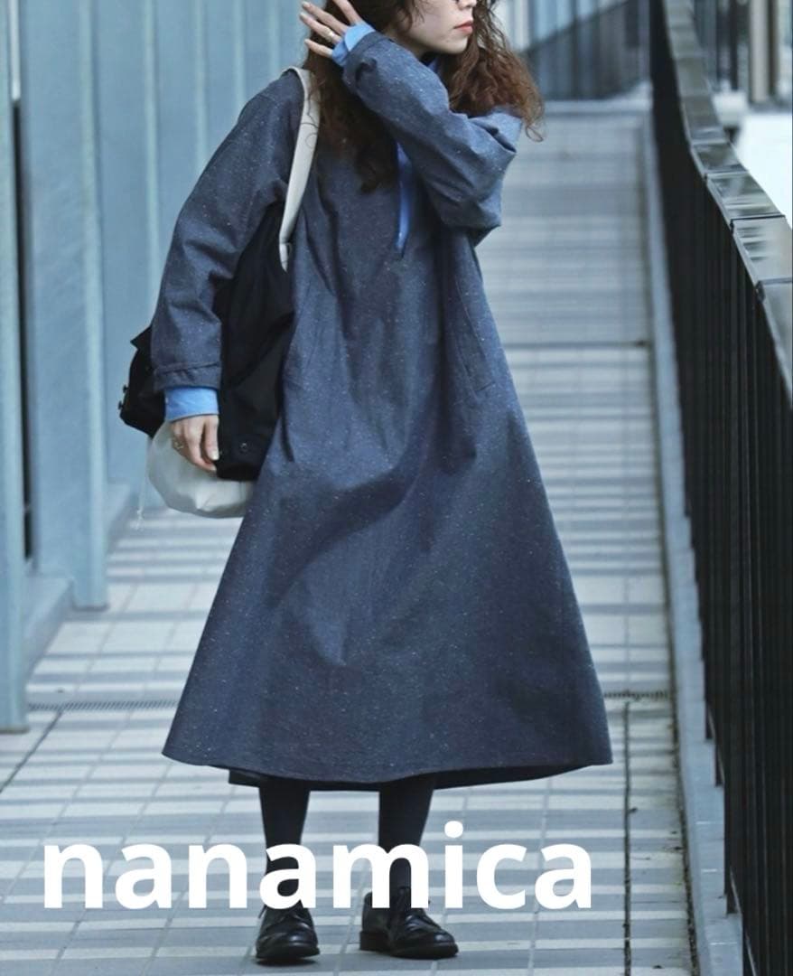 nanamica ナナミカ コットンワンピース 長袖シャツワンピース ネイビー１