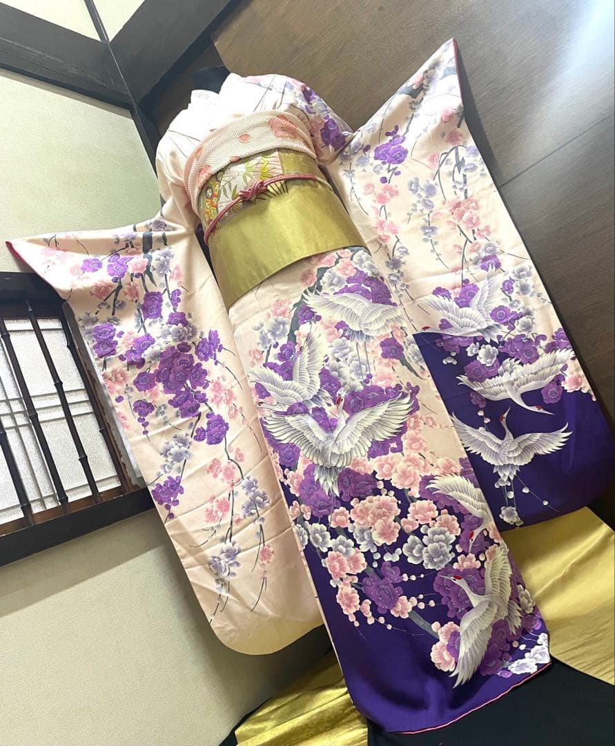 振袖 フルセット6点サイズM〜Ｌ　紫とピンクの花柄 鶴刺繍 正絹売り切り終了