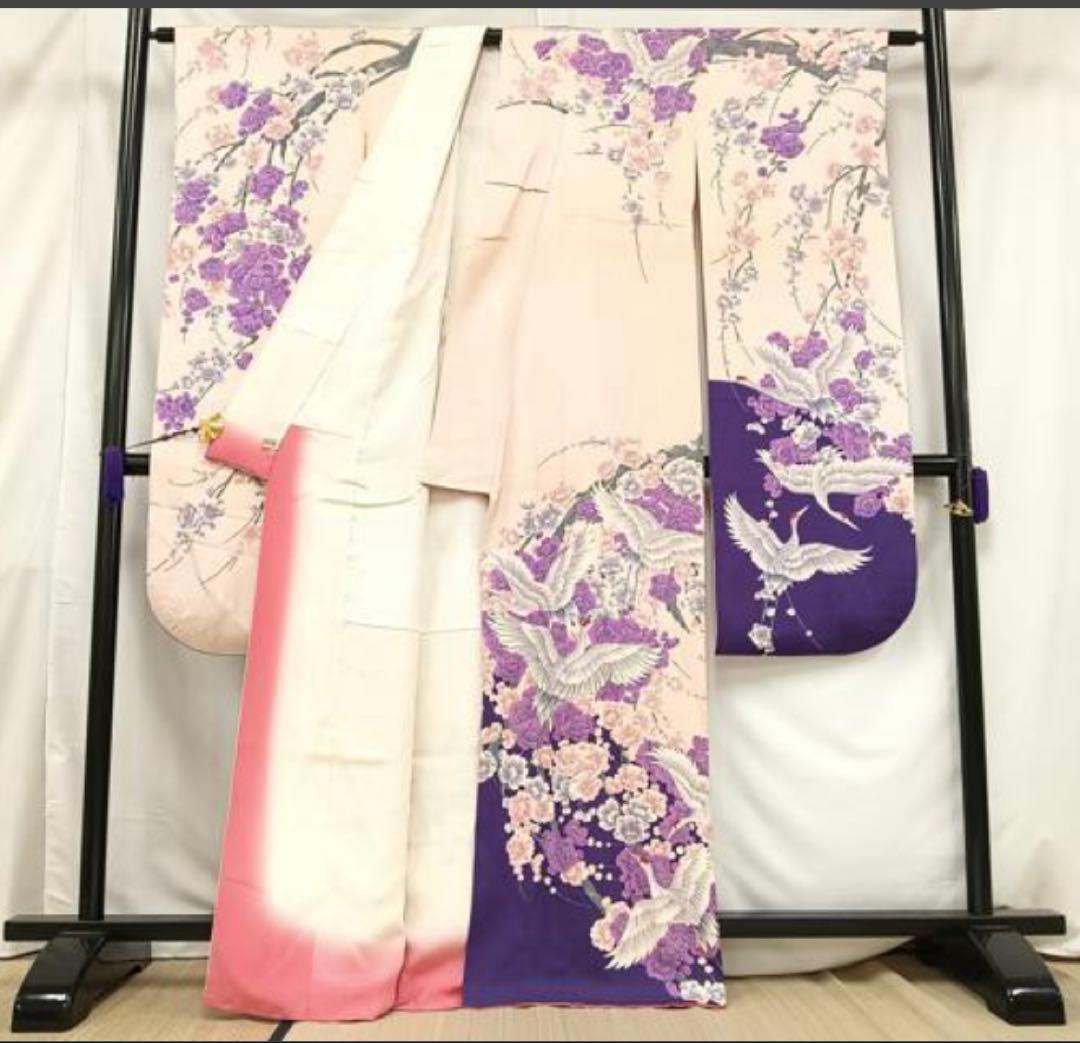 振袖 フルセット6点サイズM〜Ｌ　紫とピンクの花柄 鶴刺繍 正絹売り切り終了