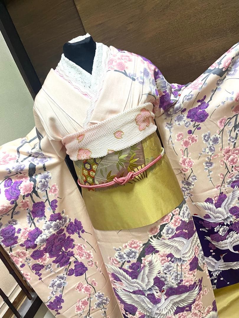 振袖 フルセット6点サイズM〜Ｌ　紫とピンクの花柄 鶴刺繍 正絹売り切り終了