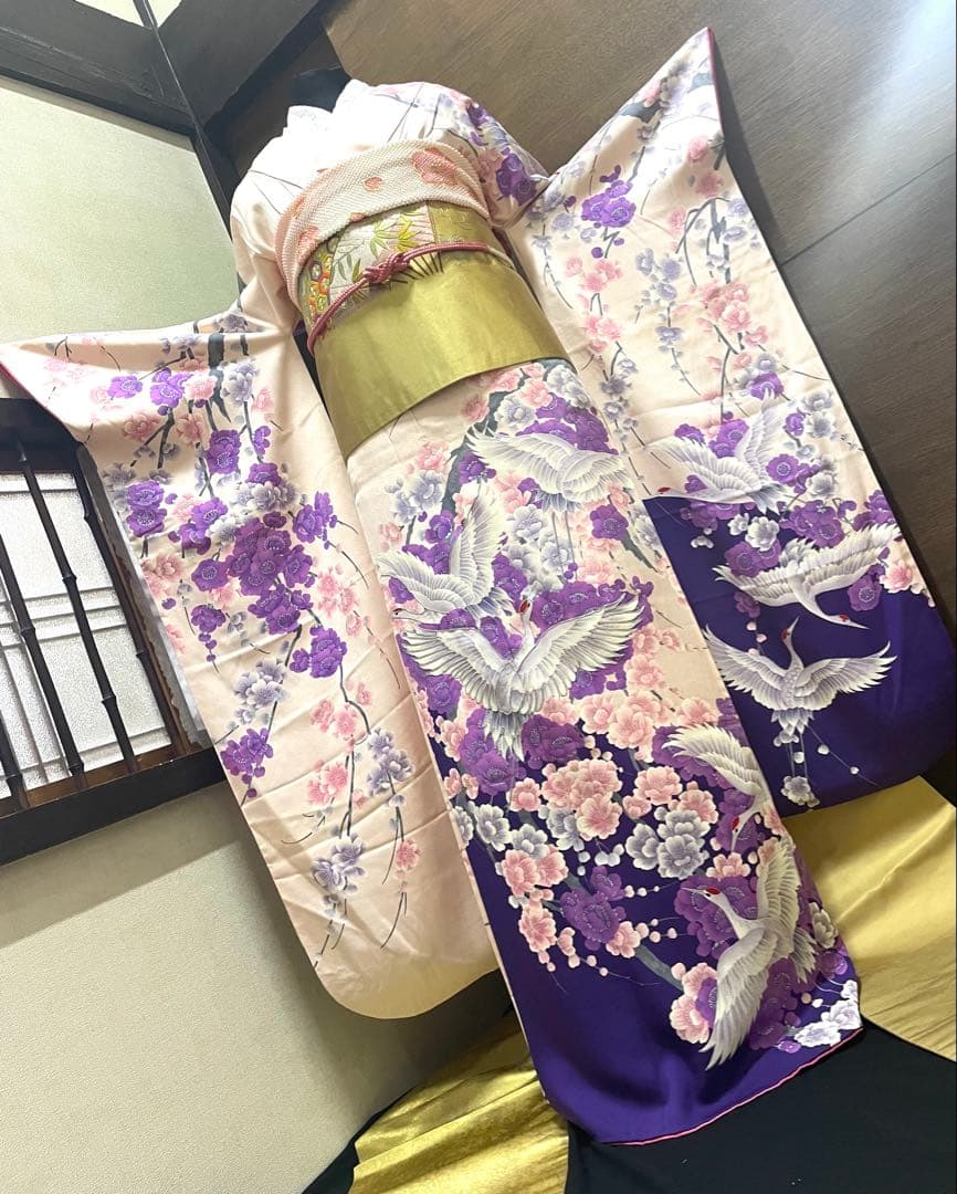 振袖 フルセット6点サイズM〜Ｌ　紫とピンクの花柄 鶴刺繍 正絹売り切り終了