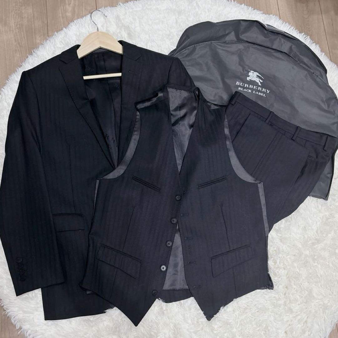 美品 BURBERRY 黒 ブラック ストライプ スーツ ベスト スリーピース