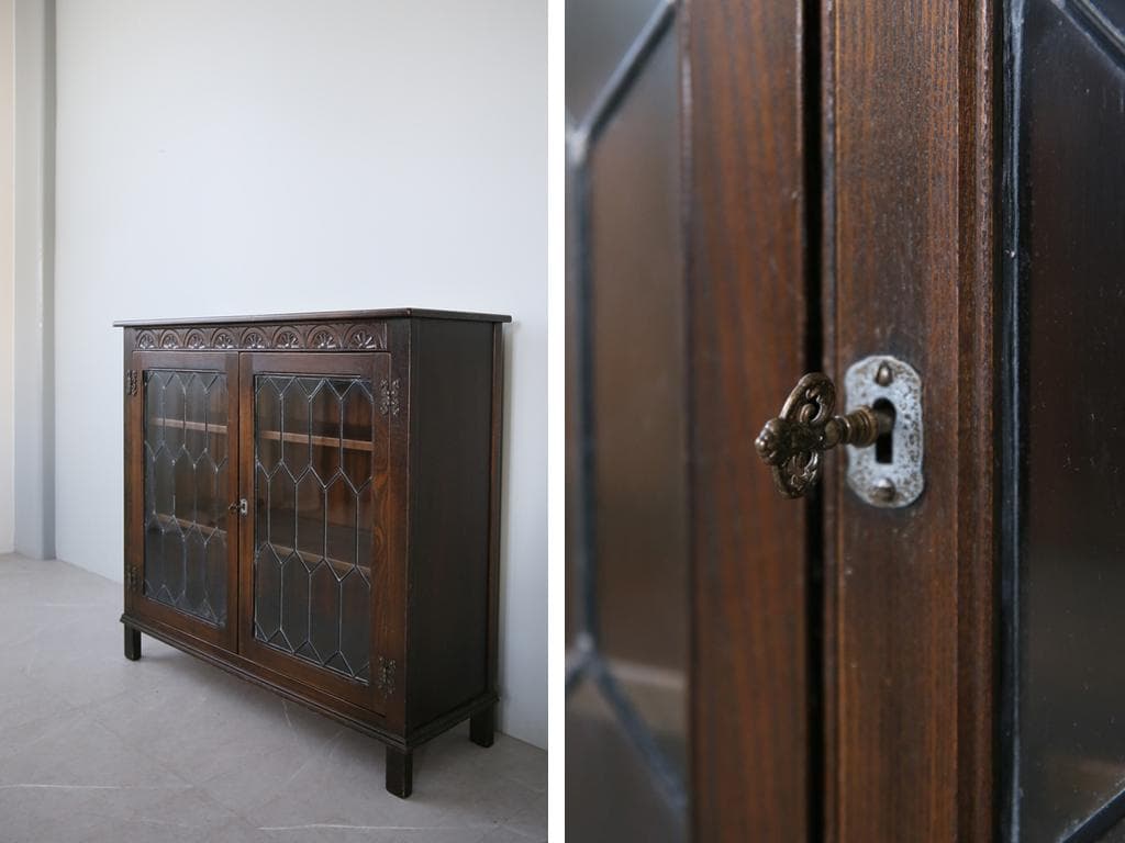 英国アンティーク木製ブックケースキャビネット/本棚/食器棚/飾り棚(91-28)