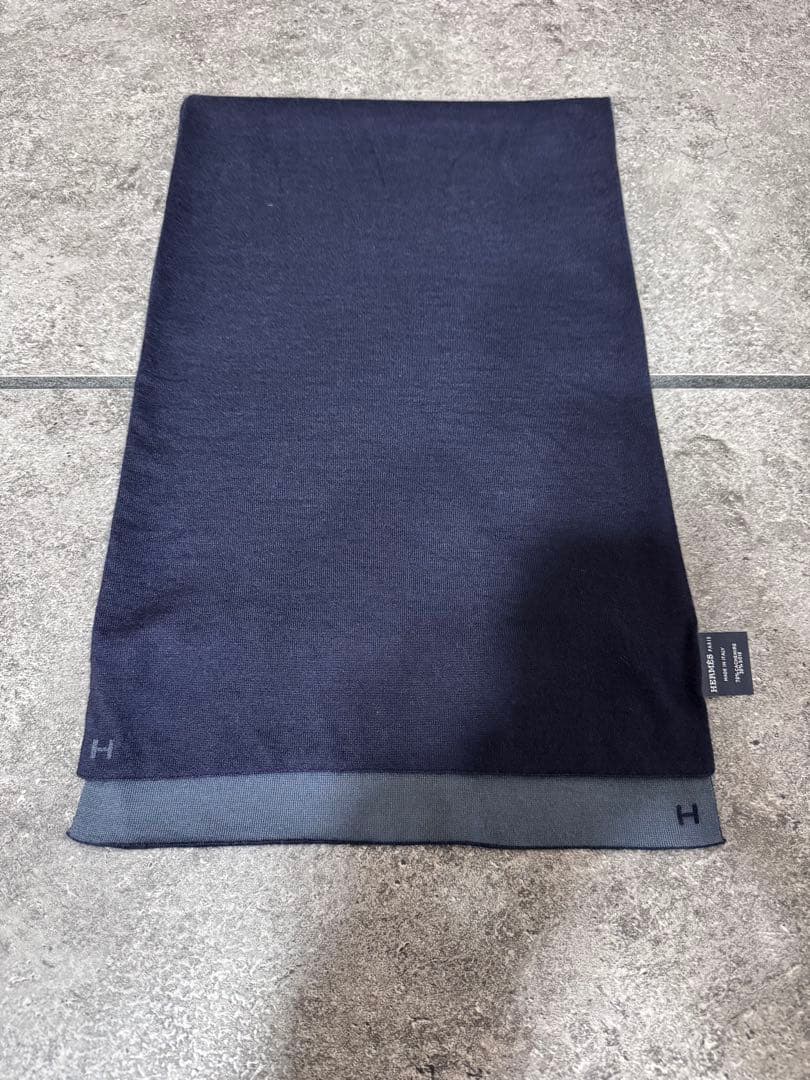 美品 エルメス HERMES ネイビー マフラー ウールカシミア