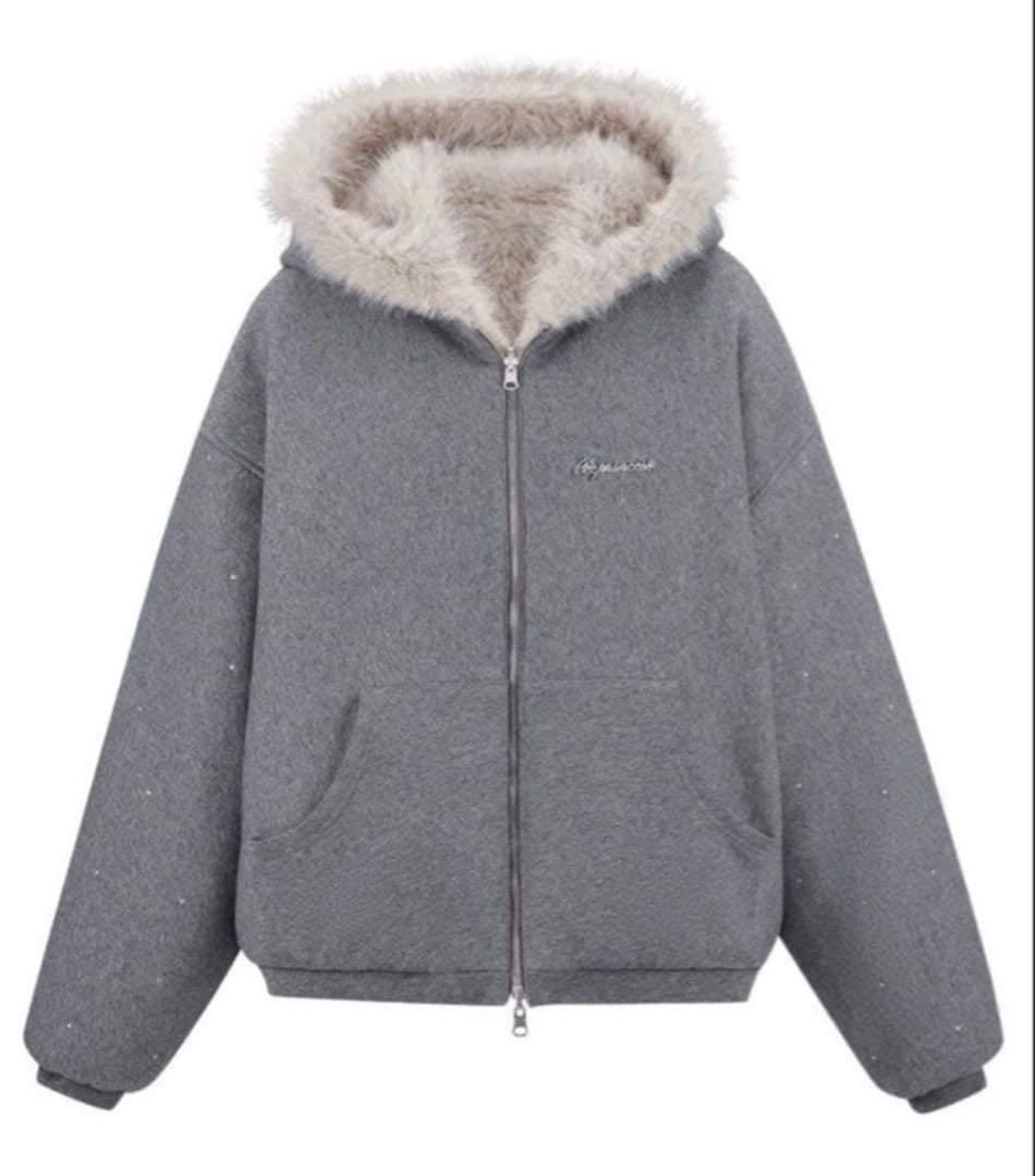 トップス andwang kirakira 2way fur zip up gray