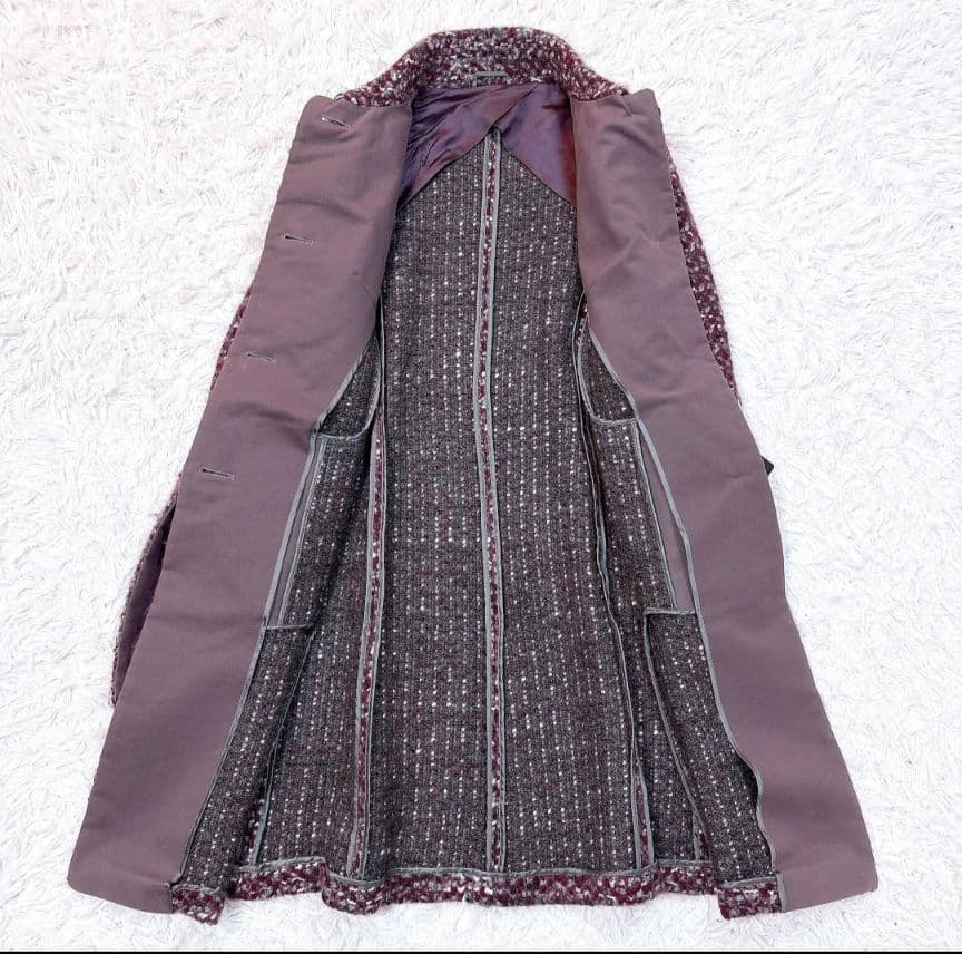 希少42【美品】MaxMara ウールミックスニットツイードベルテッドコート 紫