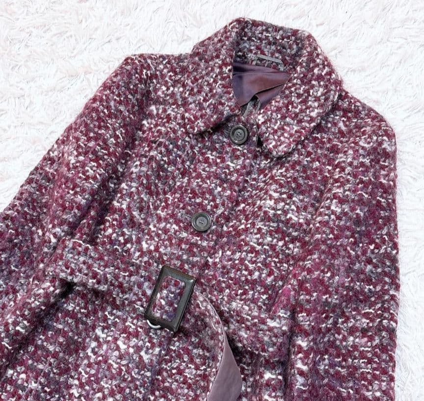 希少42【美品】MaxMara ウールミックスニットツイードベルテッドコート 紫