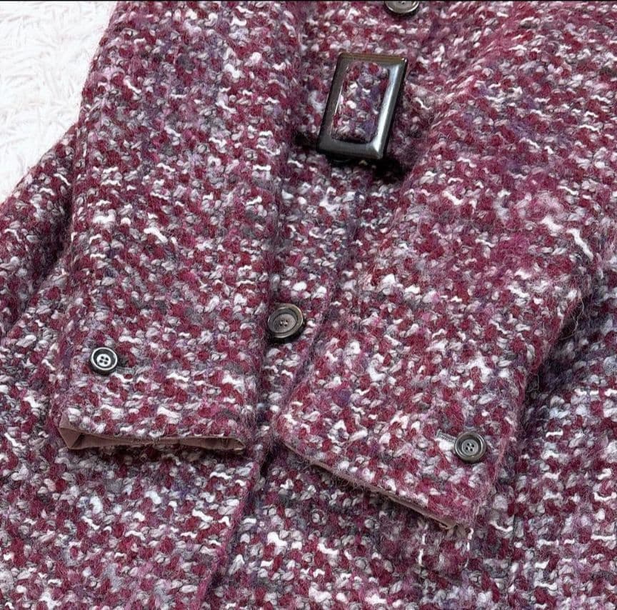 希少42【美品】MaxMara ウールミックスニットツイードベルテッドコート 紫