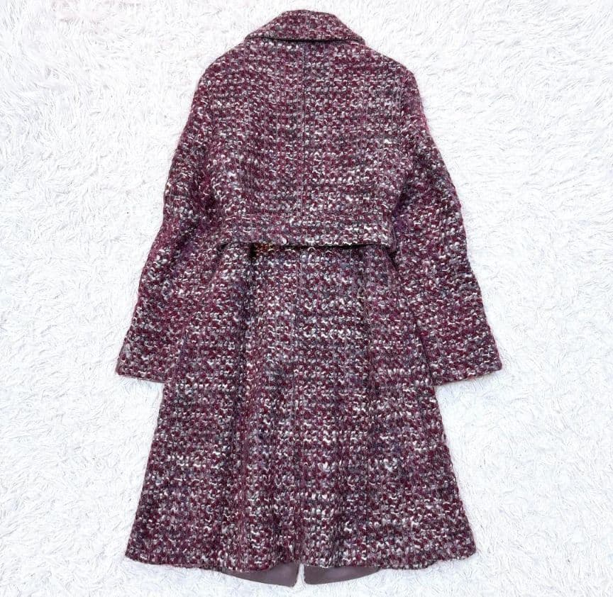 希少42【美品】MaxMara ウールミックスニットツイードベルテッドコート 紫