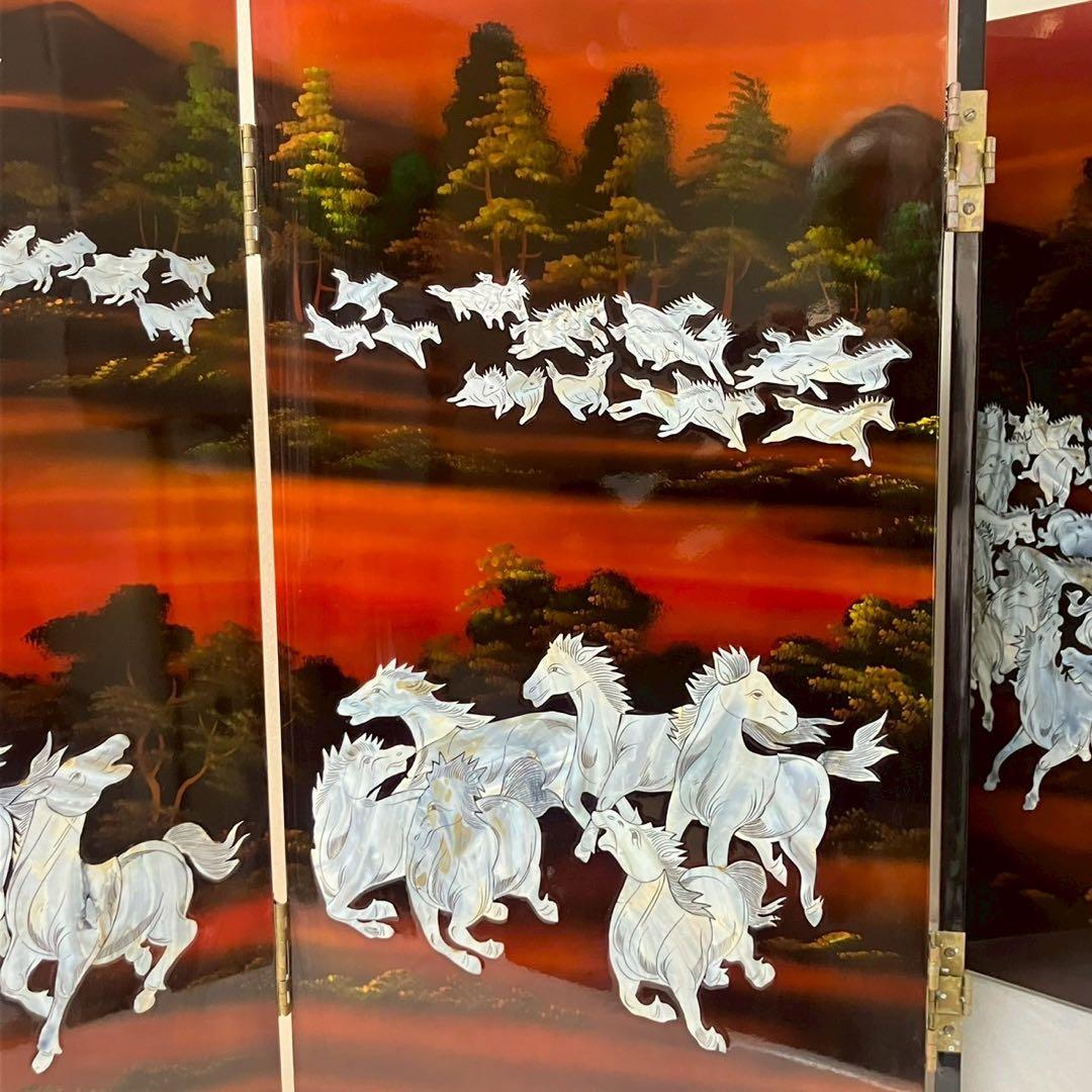 螺鈿細工 パテーション 衝立 「馬倒成功」 4連衝立 漆塗り 百頭馬柄 枕屏風