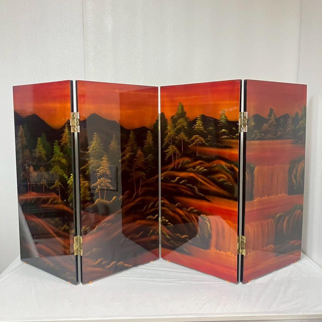 螺鈿細工 パテーション 衝立 「馬倒成功」 4連衝立 漆塗り 百頭馬柄 枕屏風