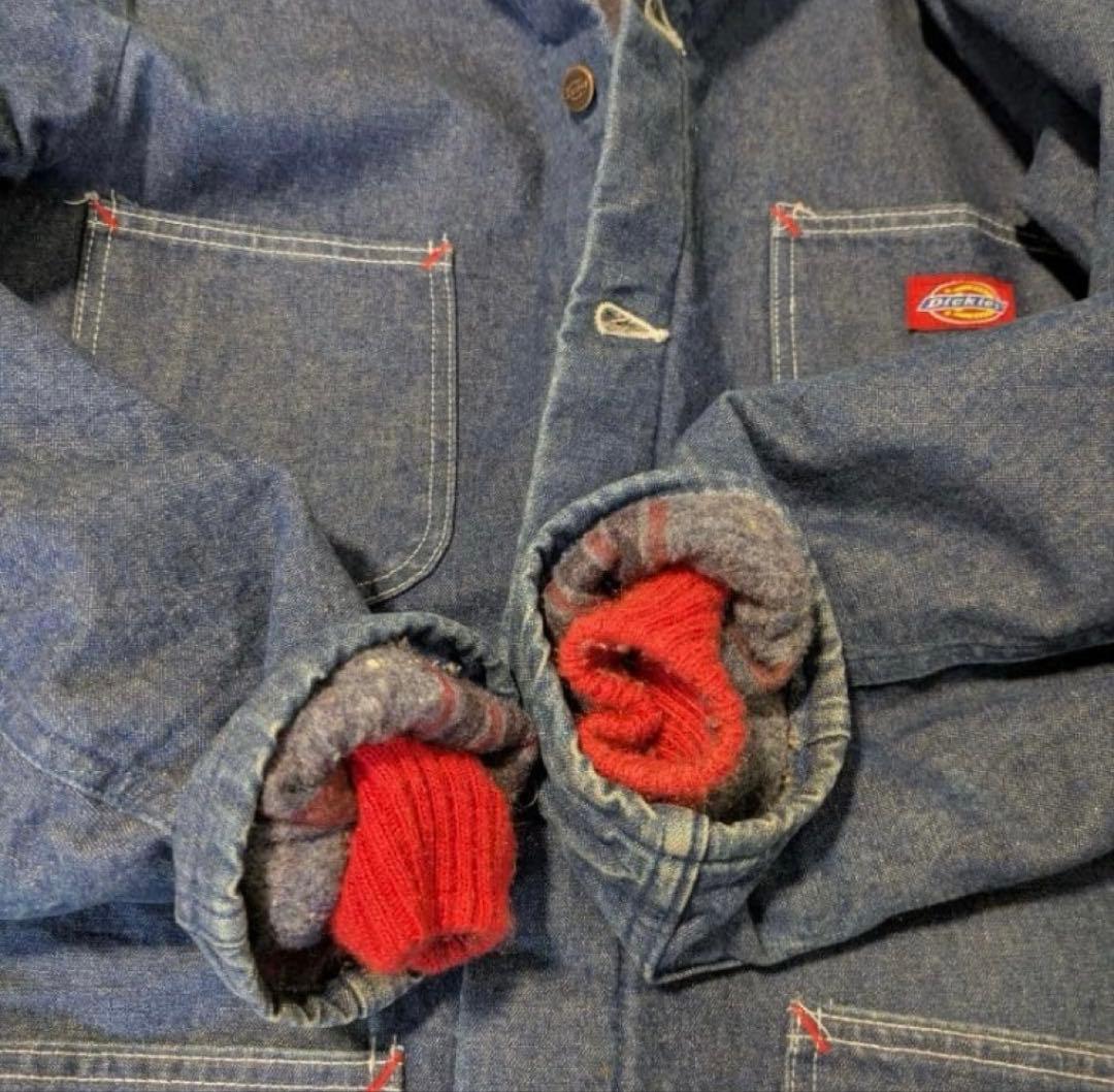 ビンテージ　80s古着　DICKIES　デニムカバーオール　サイズ38 赤リブ