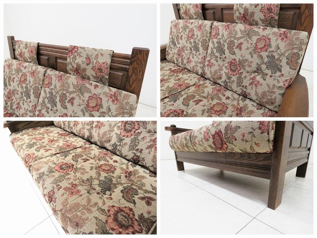 葉山ガーデン 2人掛けソファ オーク無垢材 花柄 ファブリック 検三越ダニエル