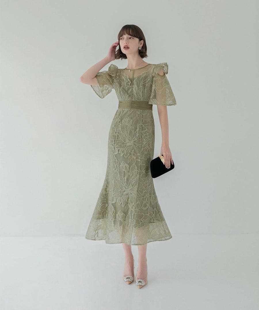 【LEJA】フラワーレースシアーフリルマーメイドドレス