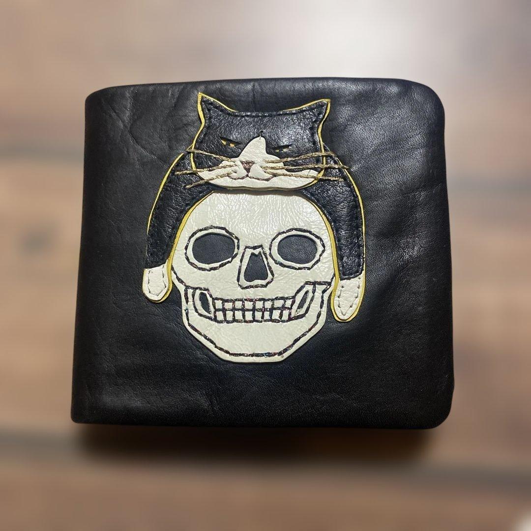 石田 猫とドクロデザインのレザー財布