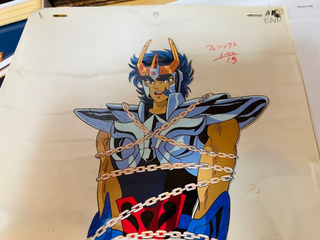 聖闘士星矢　荒木伸吾先生直筆サインカラー色紙　証明書額付　瞬　一輝　セル画セット