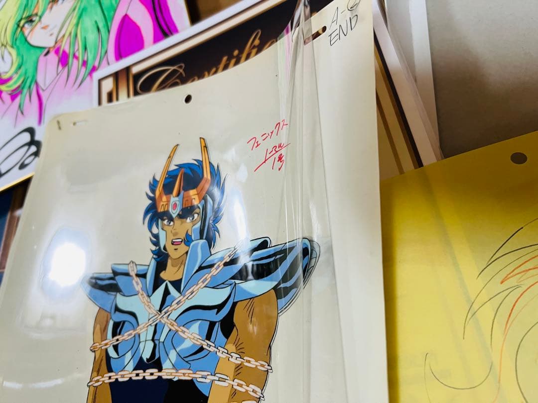 聖闘士星矢　荒木伸吾先生直筆サインカラー色紙　証明書額付　瞬　一輝　セル画セット