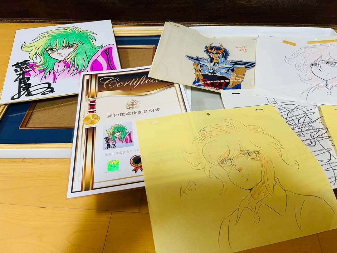 聖闘士星矢　荒木伸吾先生直筆サインカラー色紙　証明書額付　瞬　一輝　セル画セット
