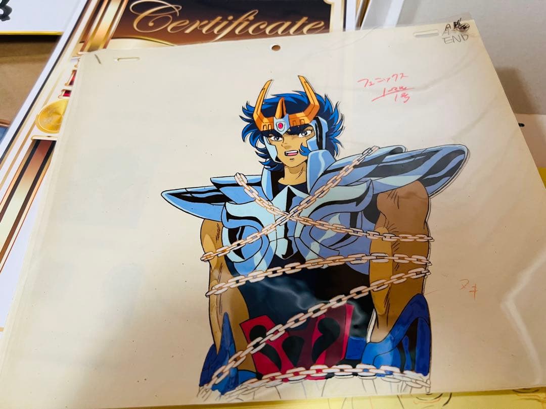 聖闘士星矢　荒木伸吾先生直筆サインカラー色紙　証明書額付　瞬　一輝　セル画セット